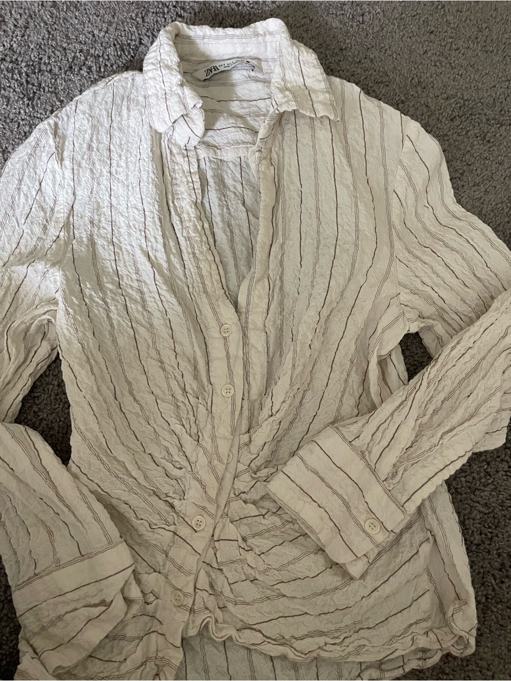 Zara Men's Cream Button-Down Shirt with Brown Pinstripes